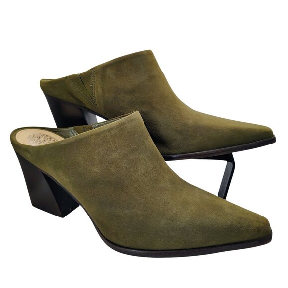 Vince Camuto Egwennny Olive Green Suede Mules | Size 8.5 | Block Heel Slip-On - Picture 1 of 11